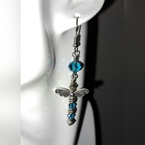 Antique Silver Beaded Dragonfly and Teal Crystal Dangle Earrings